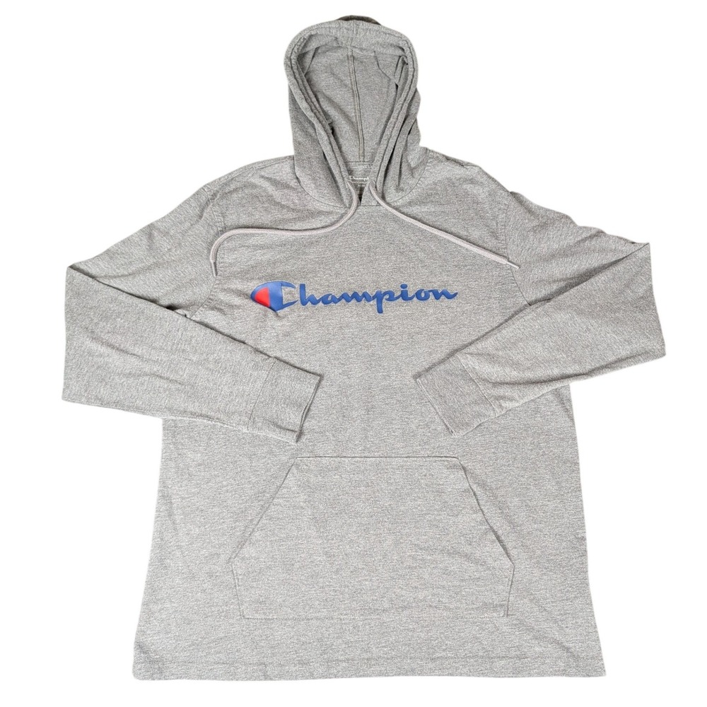 Champion Mens Heather Gray Lightweight Jersey Pullover Hoodie Logo Graphic